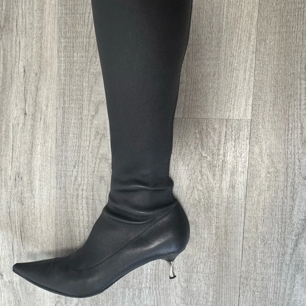 Sergio Rossi Black Stretch Leather Knee Boots 38.5 Pointed Toe Kitten Heel - Picture 5 of 9